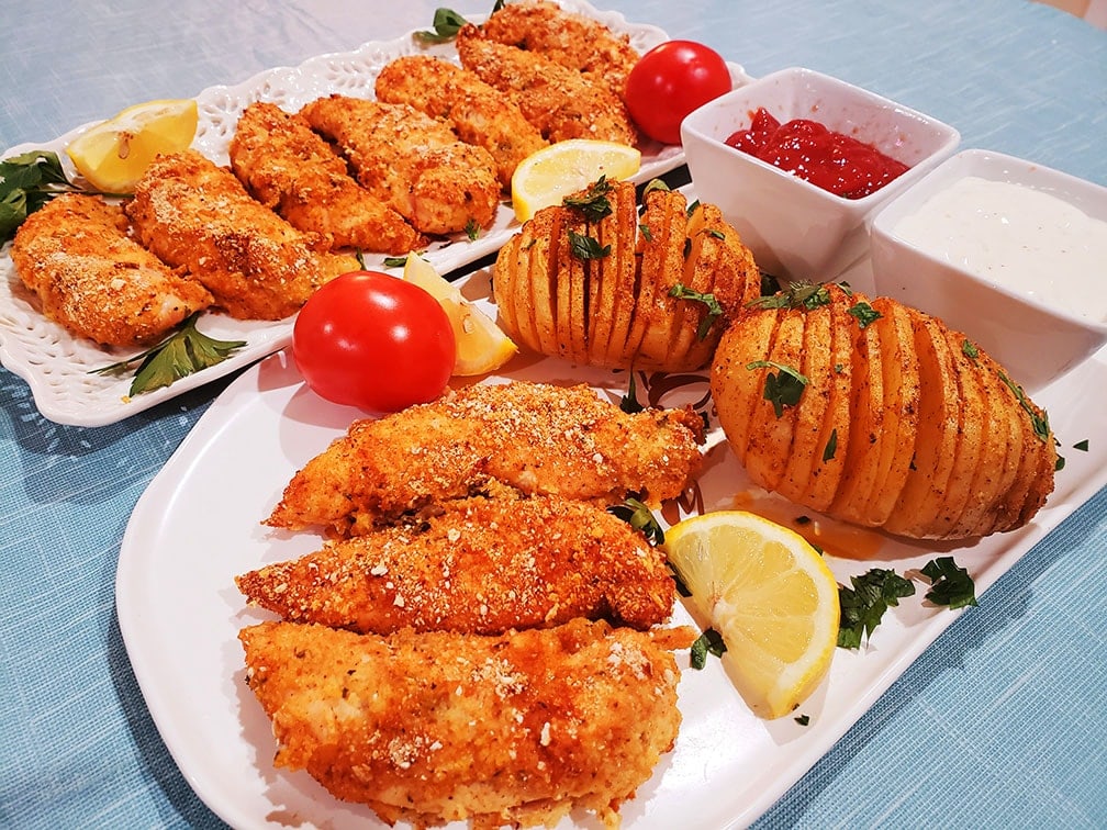Oven Roasted Chicken Tenders with Hasselback Potatoes recipe