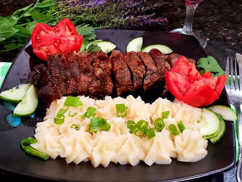 Pan Seared Strip Steak with Mashed Potatoes recipe