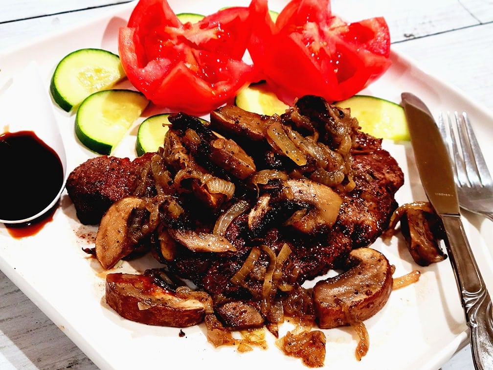 Grilled steak with Portobello mushrooms and caramelized onions Simple